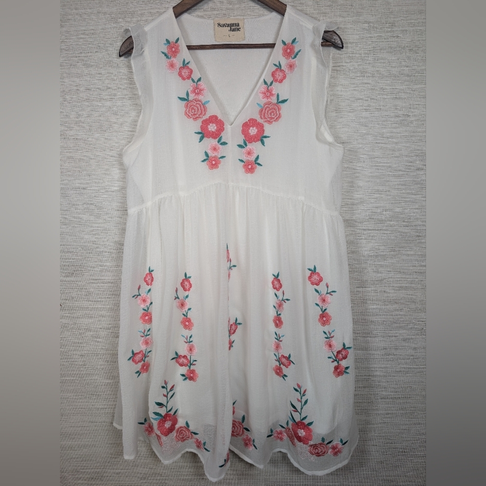 Savanna Jane White Chiffon Embroidered Sleeveless Knee Length Dress Pink Floral